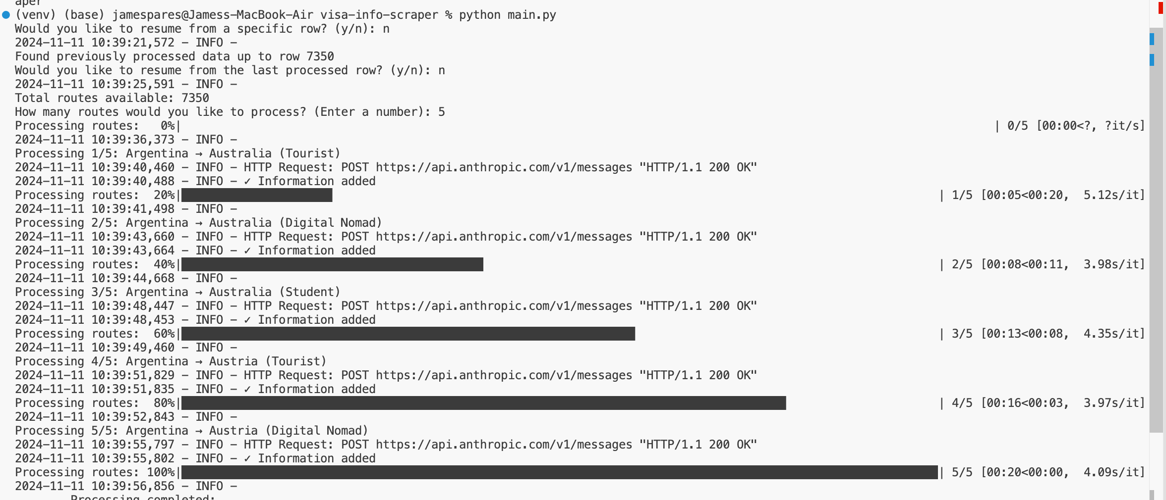 Terminal output showing the scraping process with progress bar and error handling